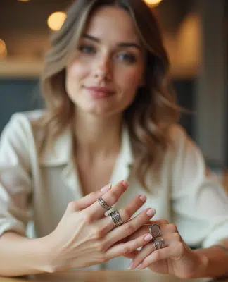 Bagues : quelle couleur choisir pour être tendance cette année ? Jeune femme ajustant ses bagues tendance dans un café moderne