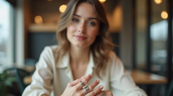 Bagues : quelle couleur choisir pour être tendance cette année ? Jeune femme ajustant ses bagues tendance dans un café moderne