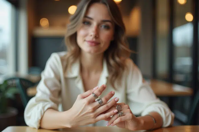 jeune-femme-bijoux-minimaliste Jeune femme ajustant ses bagues tendance dans un café moderne