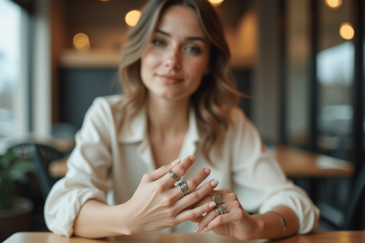 Jeune femme ajustant ses bagues tendance dans un café moderne
