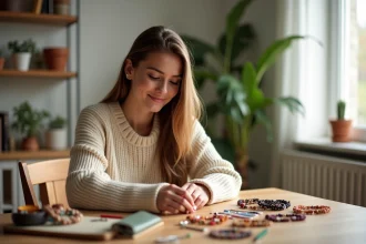 Jeune femme souriante examine un kit de bracelet débutant