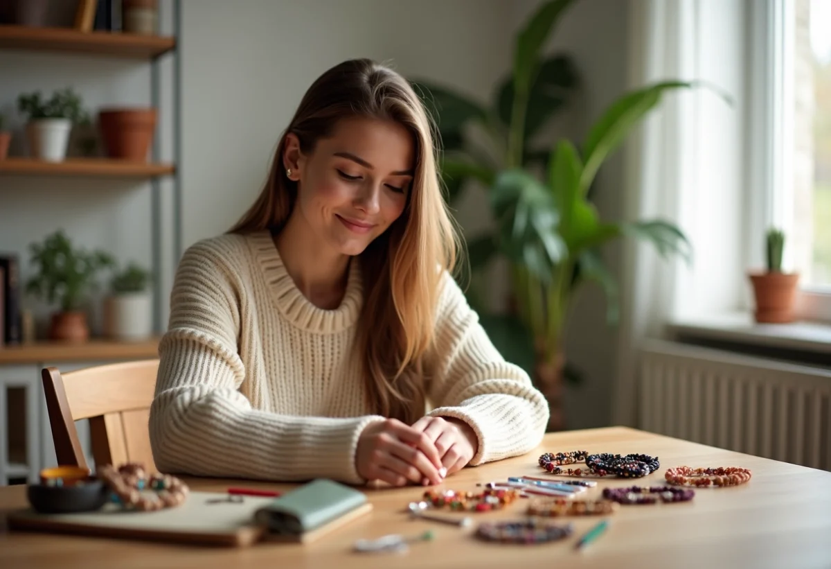 Jeune femme souriante examine un kit de bracelet débutant