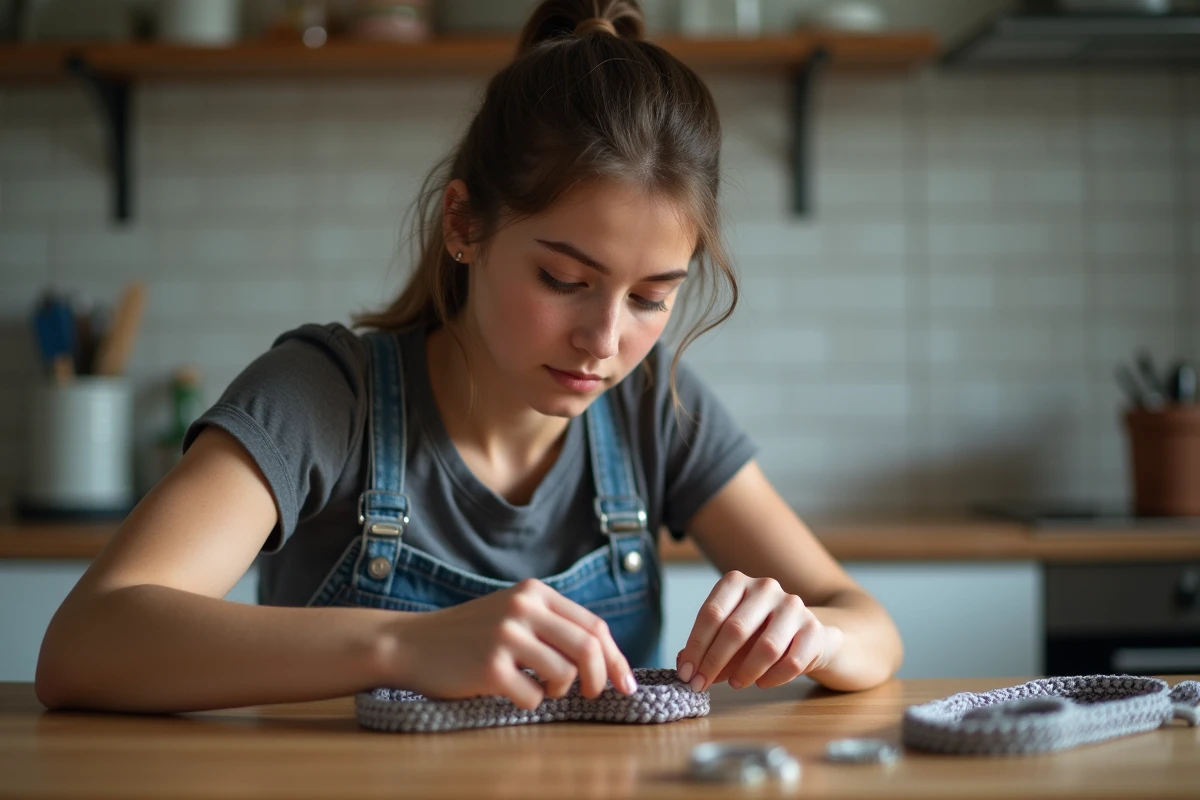 Jeune femme tissant un bracelet en paracord à la maison