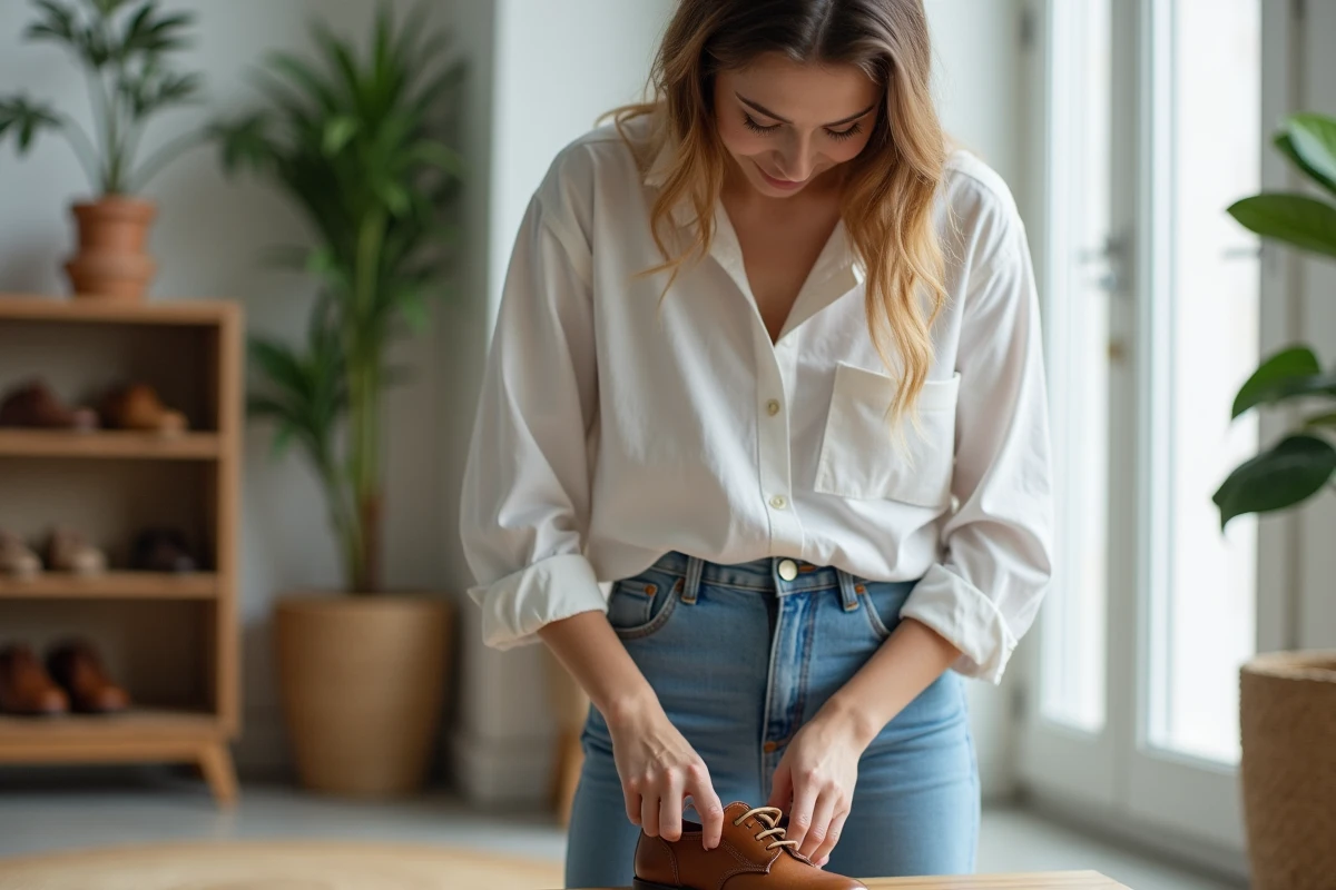 Jeune femme en jeans brossant une chaussure en cuir marron