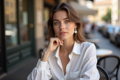 Jeune femme assise au café en ville avec ambiance européenne