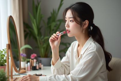 Jeune femme se maquillant dans sa chambre moderne