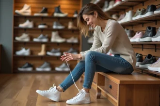 Jeune femme mesure son pied dans un magasin de chaussures