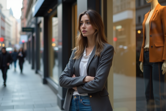 Jeune femme en blazer dans une rue urbaine moderne