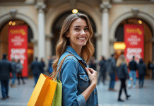 Jeune femme souriante avec sacs shopping devant centre commercial