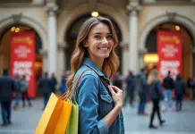 Jeune femme souriante avec sacs shopping devant centre commercial