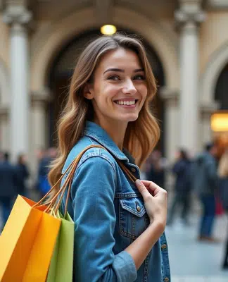 Les dates à ne pas manquer pour les soldes en Espagne Jeune femme souriante avec sacs shopping devant centre commercial