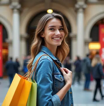 Les dates à ne pas manquer pour les soldes en Espagne Jeune femme souriante avec sacs shopping devant centre commercial