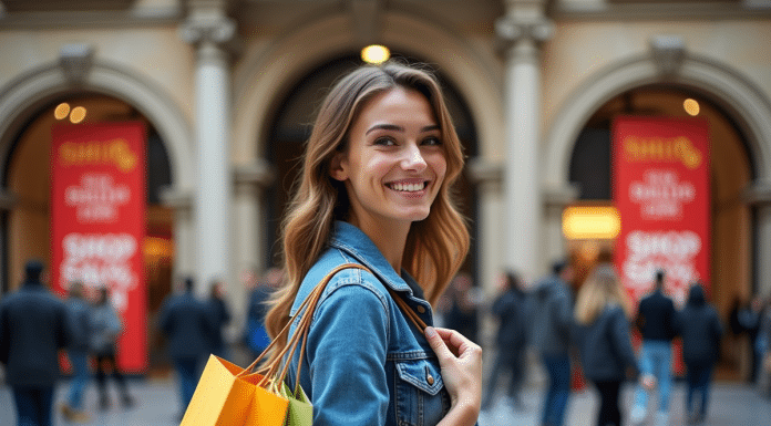 Les dates à ne pas manquer pour les soldes en Espagne Jeune femme souriante avec sacs shopping devant centre commercial