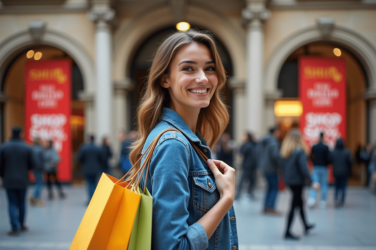 Jeune femme souriante avec sacs shopping devant centre commercial
