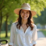 Couleur de chapeau idéale pour le temps chaud : nos recommandations expertes ! Jeune femme souriante en blouse blanche dans un parc en été