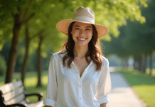 Couleur de chapeau idéale pour le temps chaud : nos recommandations expertes ! Jeune femme souriante en blouse blanche dans un parc en été