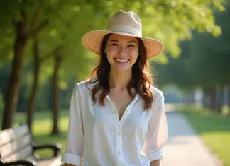 Couleur de chapeau idéale pour le temps chaud : nos recommandations expertes ! Jeune femme souriante en blouse blanche dans un parc en été