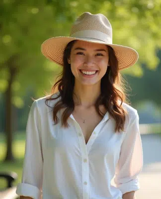 Jeune femme souriante en blouse blanche dans un parc en été