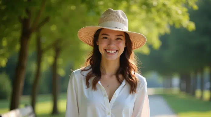 Jeune femme souriante en blouse blanche dans un parc en été