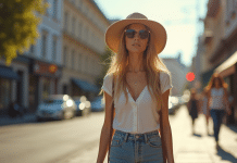Jeune femme élégante marchant en ville avec un chapeau tendance