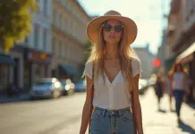 Jeune femme élégante marchant en ville avec un chapeau tendance