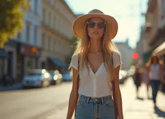 Jeune femme élégante marchant en ville avec un chapeau tendance