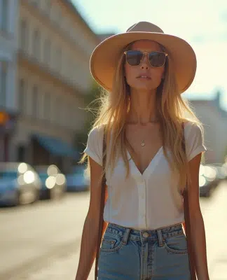 Jeune femme élégante marchant en ville avec un chapeau tendance
