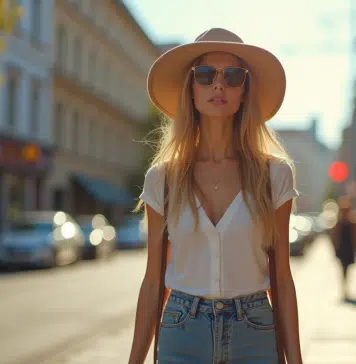 Jeune femme élégante marchant en ville avec un chapeau tendance