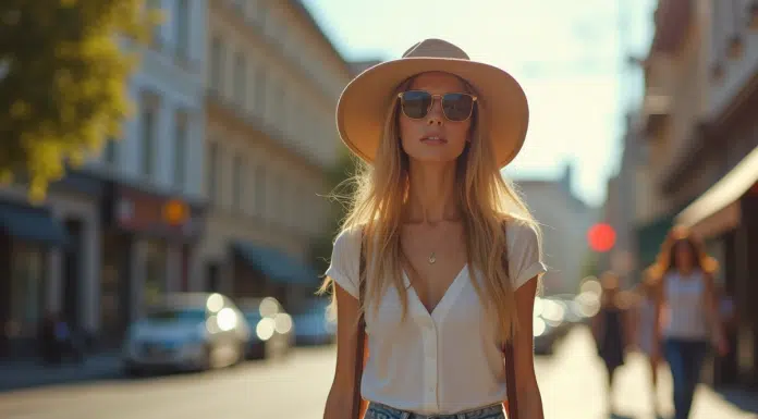 Jeune femme élégante marchant en ville avec un chapeau tendance