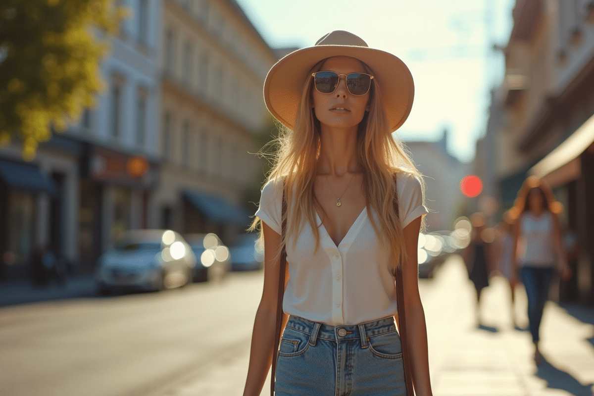Jeune femme élégante marchant en ville avec un chapeau tendance