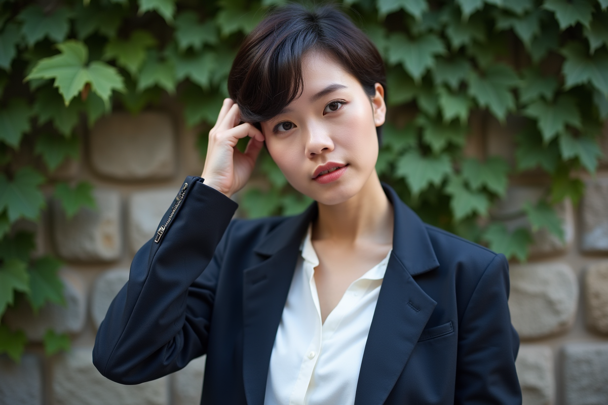 Jeune femme ajustant sa coupe dans un décor urbain