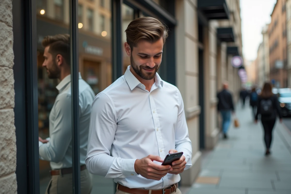 Jeune homme utilisant une application de coiffure en extérieur