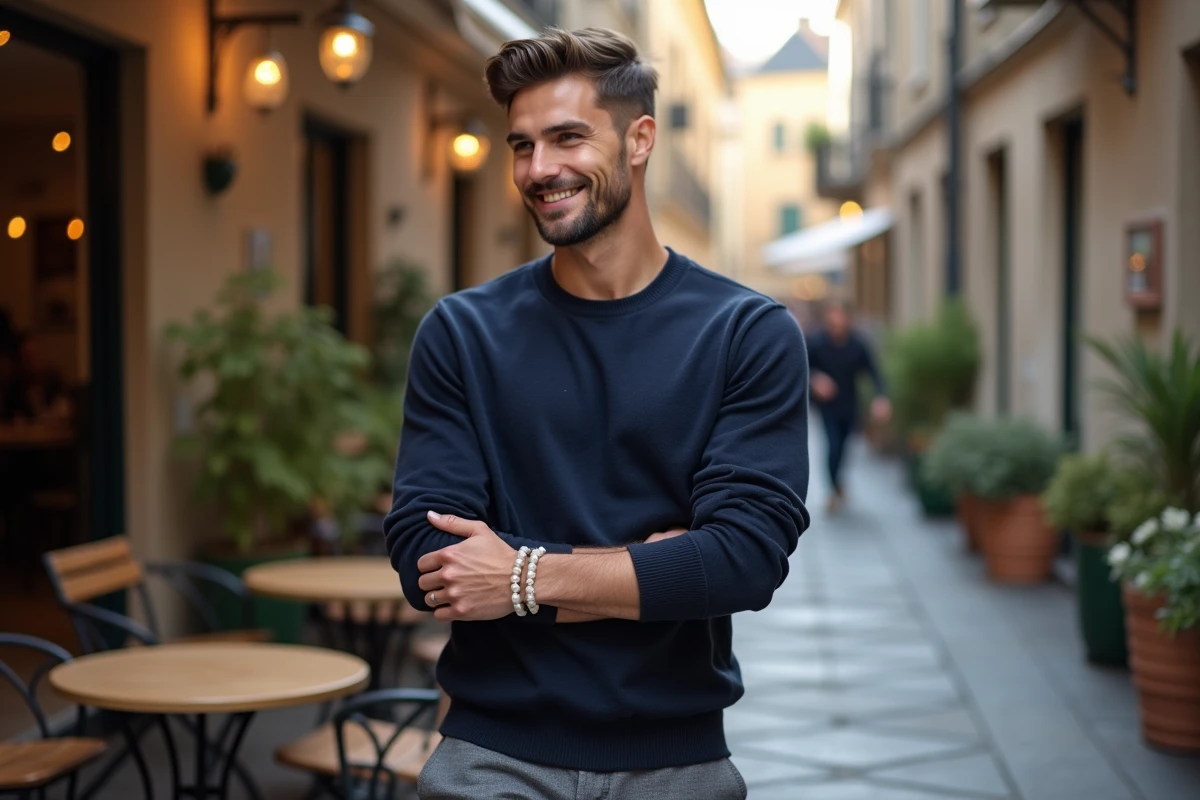 Jeune homme dans un café ajustant un bracelet en perles