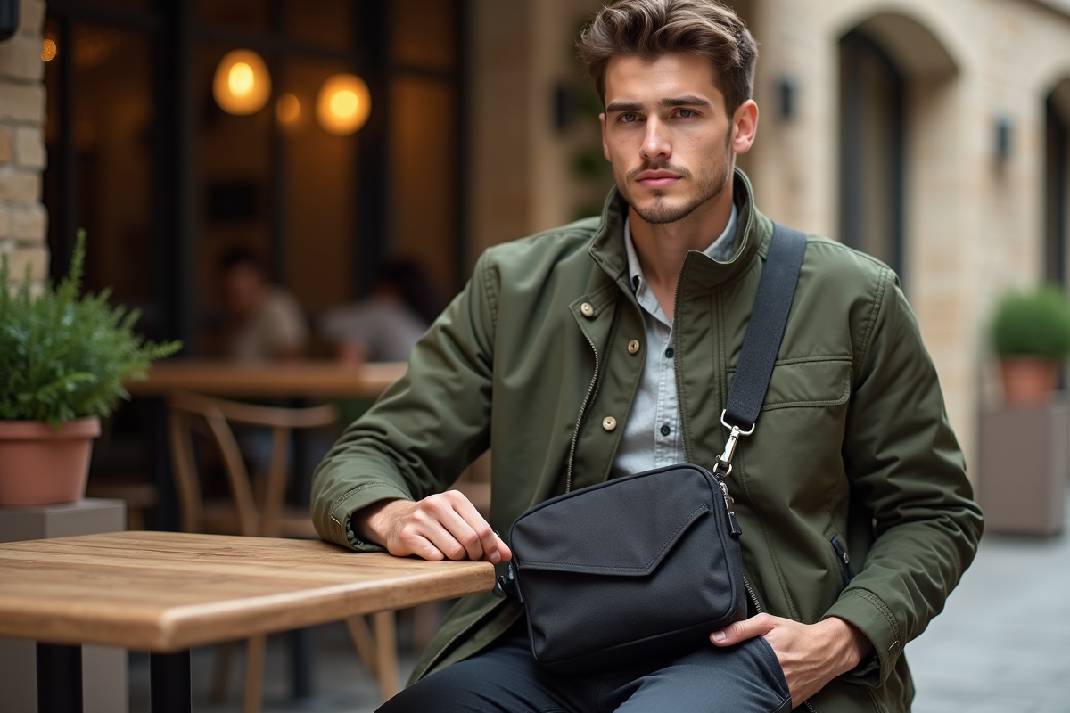 Jeune homme ajustant sac dans un café extérieur