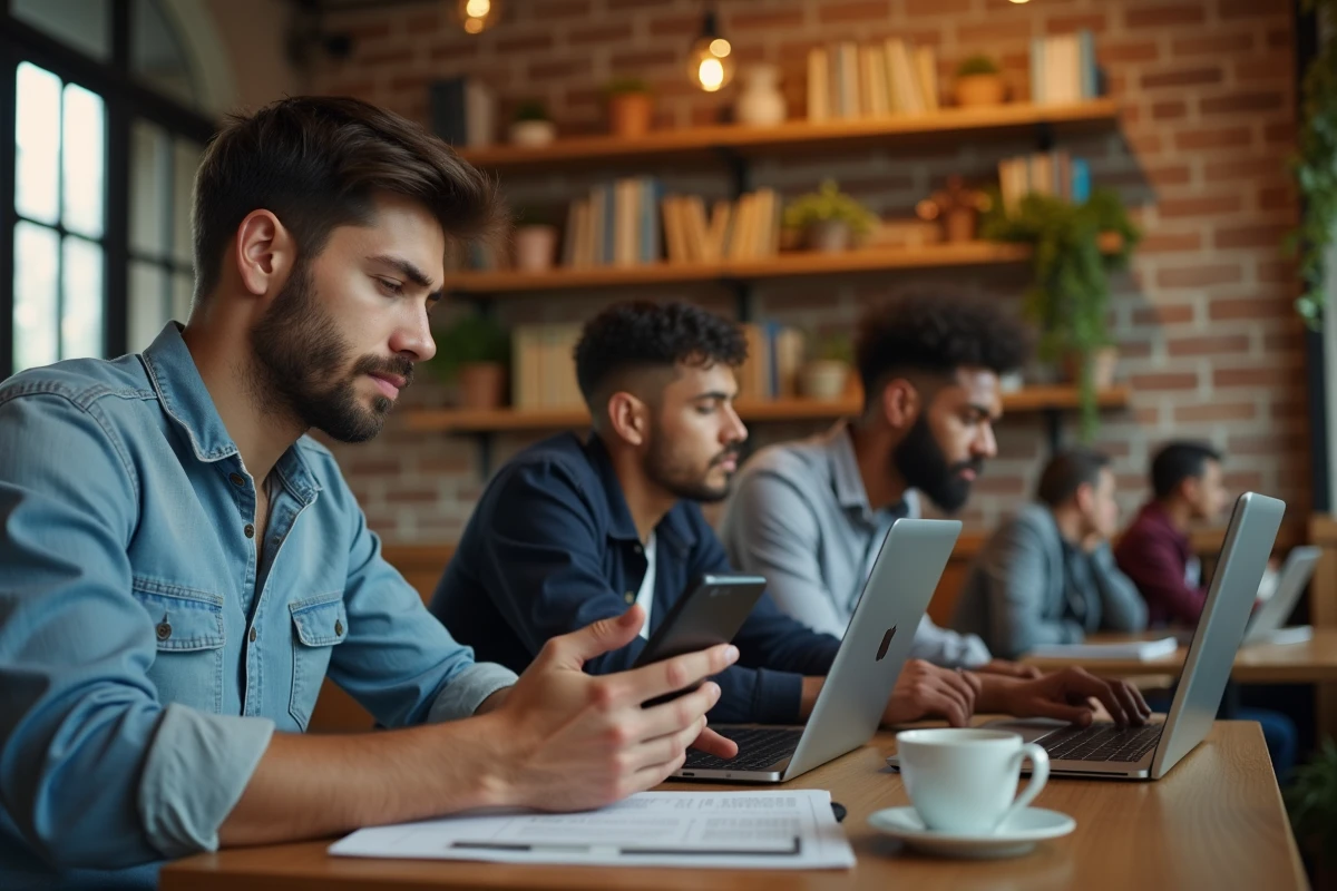 Jeune homme discutant avec un ami au café avec smartphone en main