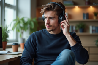 Jeune homme en sweater testant des écouteurs modernes dans un bureau lumineux