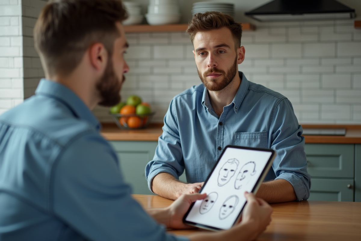 Jeune homme dessine des formes de visage à la cuisine