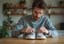 Jeune homme regarde attentivement des sneakers dans la cuisine