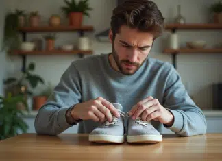 Sneakers authentiques : comment repérer une contrefaçon ? Jeune homme regarde attentivement des sneakers dans la cuisine