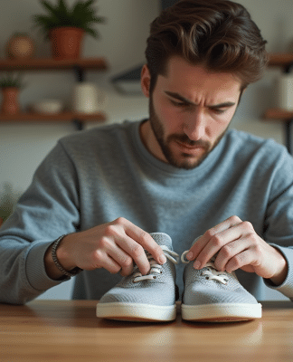 Jeune homme regarde attentivement des sneakers dans la cuisine