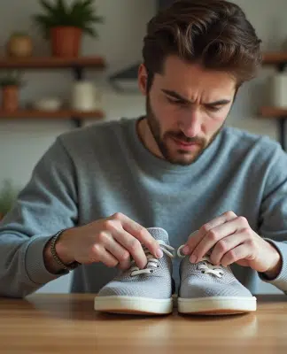 Jeune homme regarde attentivement des sneakers dans la cuisine