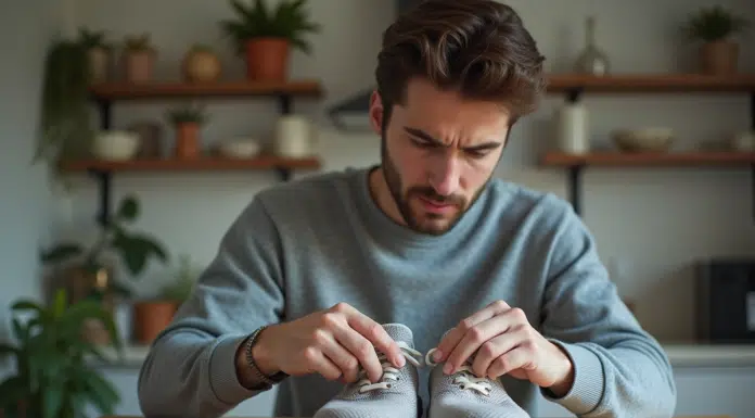 Jeune homme regarde attentivement des sneakers dans la cuisine