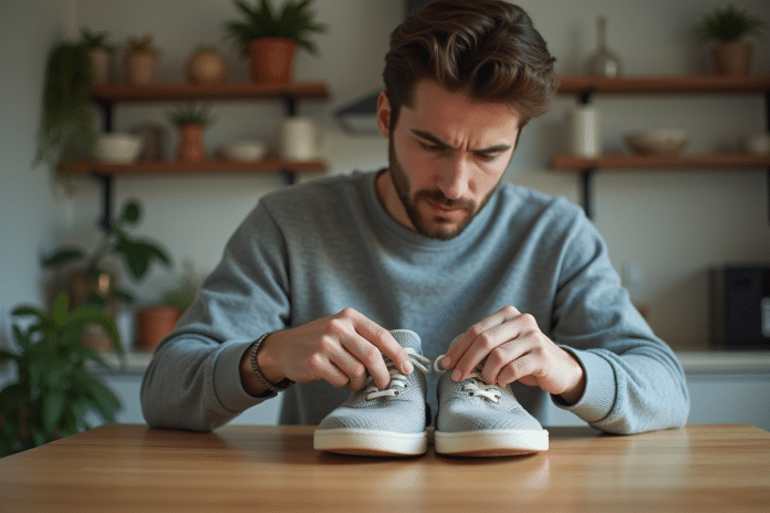 jeune-homme-inspecte-sneakers Jeune homme regarde attentivement des sneakers dans la cuisine