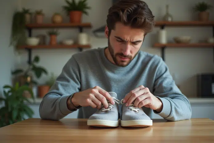 Jeune homme regarde attentivement des sneakers dans la cuisine