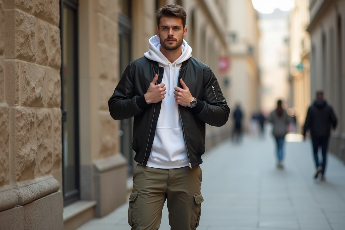 Jeune homme en mode urbaine portant bomber et cargo dans la ville