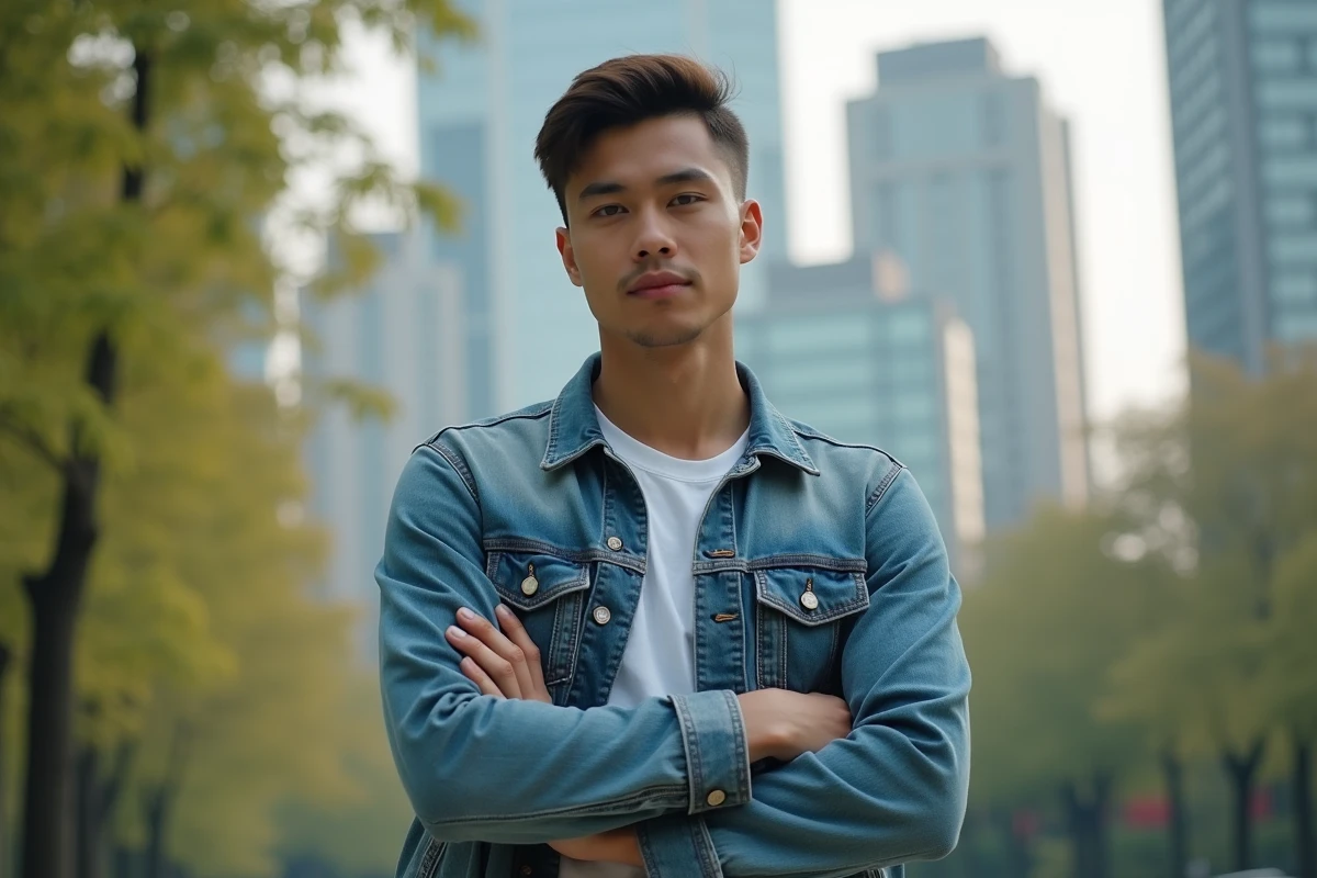 Jeune homme en denim dans un parc urbain en extérieur