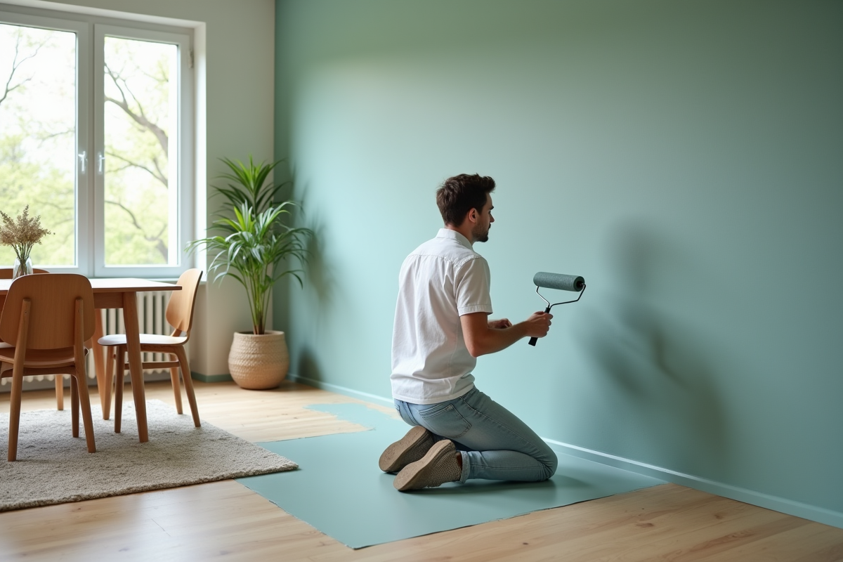 Jeune homme appliquant de la peinture sur un mur dans une pièce lumineuse