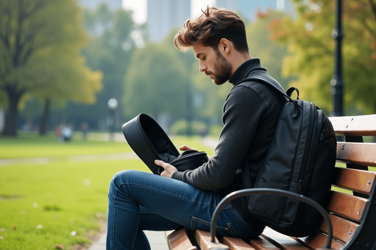 Jeune homme avec sac ushaped dans un parc urbain