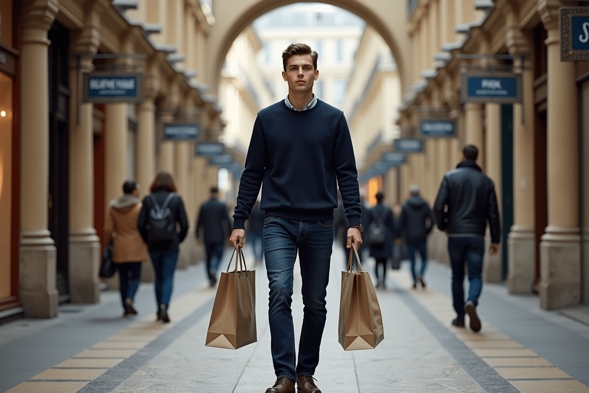 Jeune homme avec sacs de shopping dans une arcade parisienne