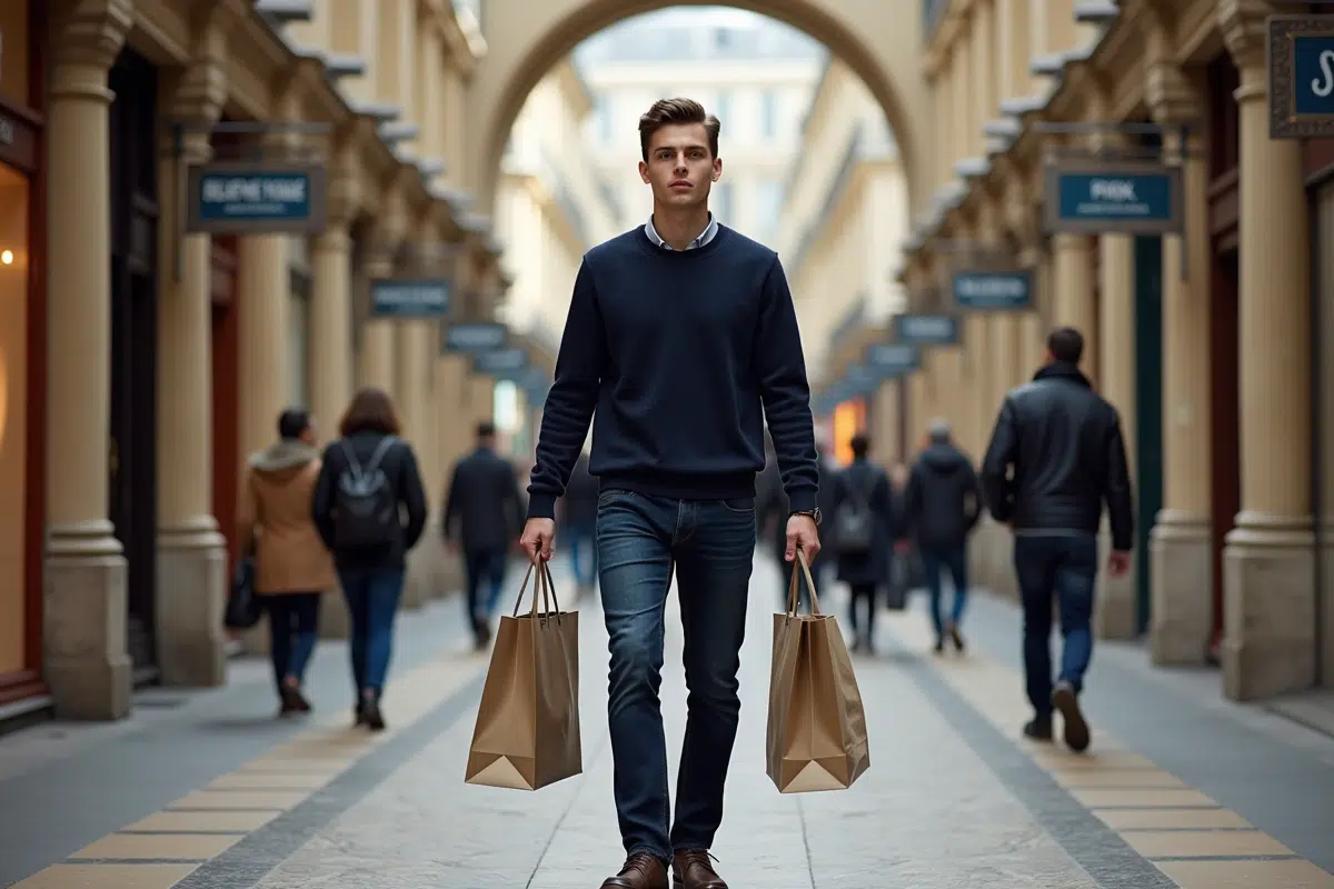 Jeune homme avec sacs de shopping dans une arcade parisienne